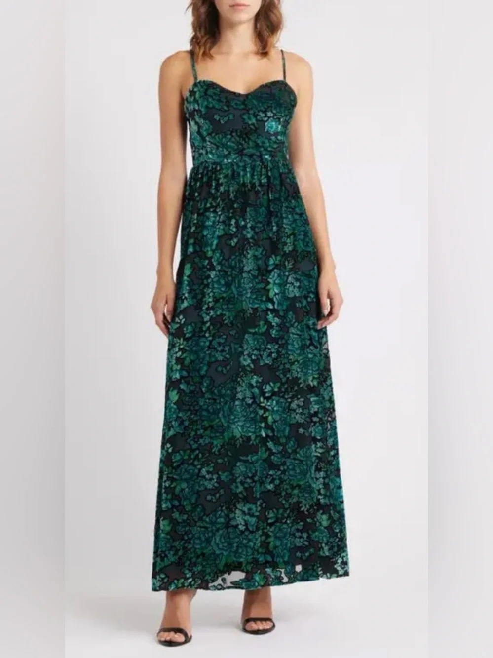 Lulus Minka Emerald Green Floral Velvet Burnout Spaghetti Straps Maxi Dress NWOT - Picture 1 of 11